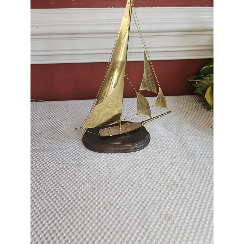 Vintage 16" Brass Sailboat Sculpture Mounted On Wood